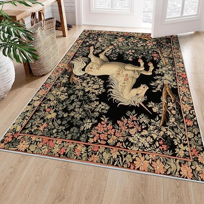 8x10 Unicorn Area Rugs Boho Floral Botanical Rug for Living Room Indoor Soft Non-Slip Thin Vintage Large Carpet Black Rugs for Bedroom Home Decor Under Table Washable Machine