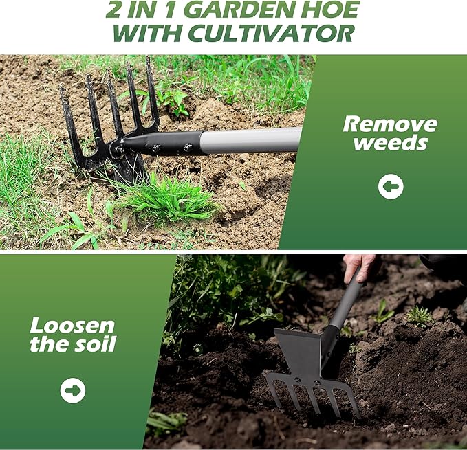 Walensee Hoe Garden Tool, 63 Inch Garden Hoe with Adjustable Long Handle for Weeding, 5-Tines Hoe Cultivator 2 in 1 Hand Weeder Tools for Yard Lawn Planting Gardening Digging