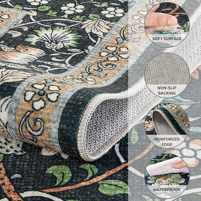 5x8 Area Rug Living Room Rugs - Washable Boho Vintage Floral Large Soft Non Slip Thin Rug Low Pile Carpet for Bedroom Dining Room Kids Playroom Office Decor Indoor- Black Blue
