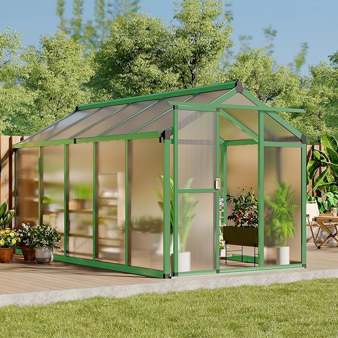 Greenhouse, 6x10 Ft Outdoor Greenhouses, Accessible Green House with Roof Vents and Sliding Doors, Aluminum Frame Polycarbonate Greenhouses, Large Greenhouse for Outdoor Gardens and Backyards, Green