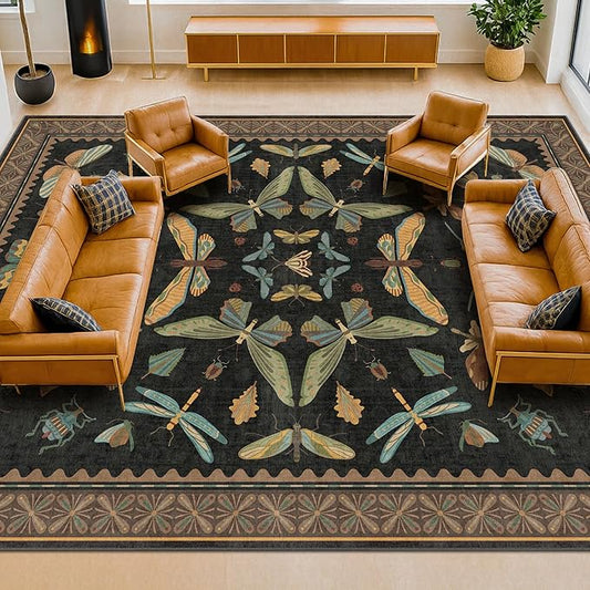 Large Black Rug for Living Room - Area Rugs 9x12 Dining Room Table, Large Bedroom Under Bed, Unique Insect Bug Home Décor, Foldable Soft Stain Resistant