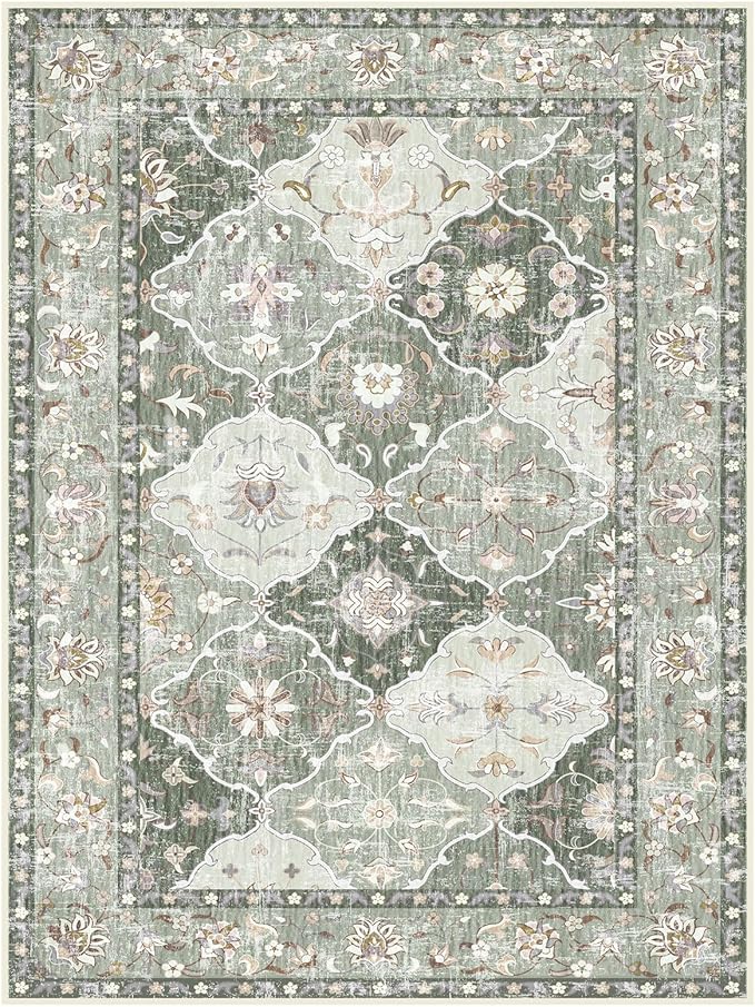 Boho Vintage Area Rugs 8×10 Washable Non-Slip Traditional Green Area Rug for Living Room Bedroom Dining Room Farmhouse