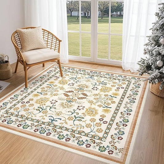 Square Area Rugs : Washable 5x5 Floral Carpet for Living Room Bedroom - Soft Floor Mat with Non Slip Backing for Kitchen Nursery Dorms Farmhouse Home Decor - Brown