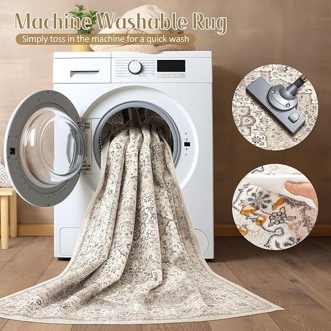 Washable 8 Ft Round Area Rug - Vintage Floral Stain & Fade Resistant Non-Slip Backing Carpet for Living Room, Bedroom, Dining Room, Home Office Floor Decor Large Carpets (Brown/Beige)