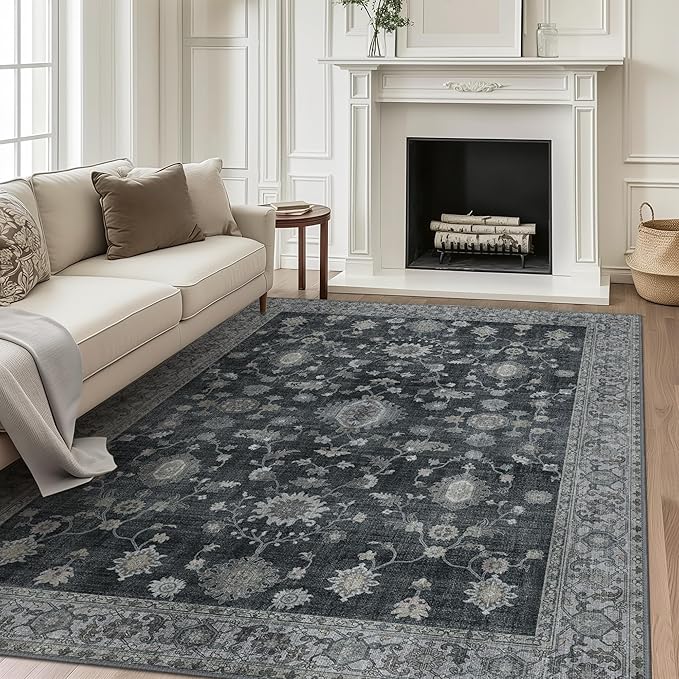 GENIMO Machine Washable 6x9 Area Rugs for Living Room, Non Slip Vintage Rugs, Low Pile Lightweight Chenille Print Rug for Bedroom, Dining Room, Home Office, Charcoal