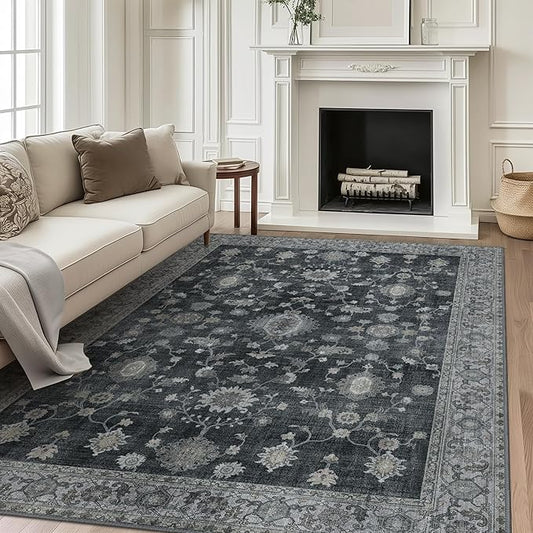 GENIMO Machine Washable 6x9 Area Rugs for Living Room, Non Slip Vintage Rugs, Low Pile Lightweight Chenille Print Rug for Bedroom, Dining Room, Home Office, Charcoal