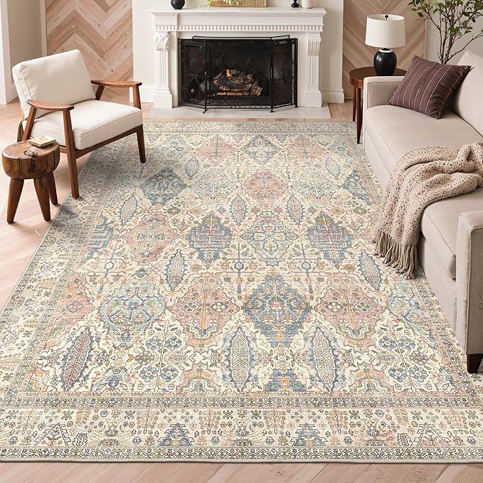 GENIMO 3x5 Area Rugs for Living Room, Machine Washable Non Slip Vintage Rugs, Low Pile Lightweight Chenille Print Rug for Bedroom, Dining Room, Home Office, Beige Cream