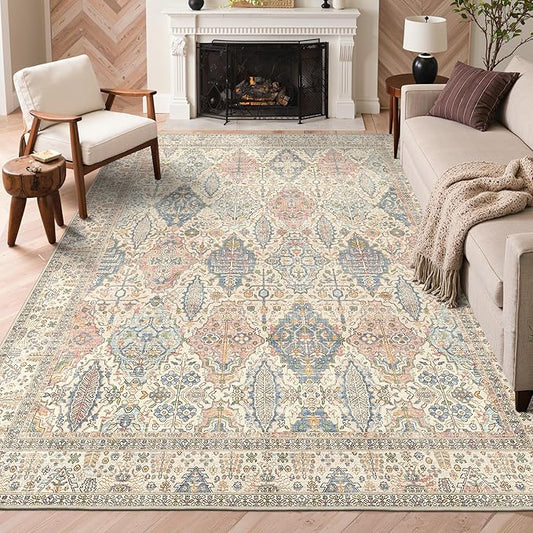 GENIMO 3x5 Area Rugs for Living Room, Machine Washable Non Slip Vintage Rugs, Low Pile Lightweight Chenille Print Rug for Bedroom, Dining Room, Home Office, Beige Cream
