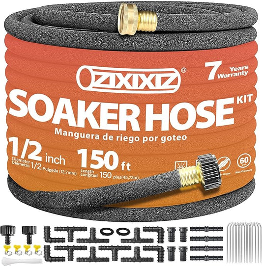 150FT Heavy-Duty 1/2 Inch Soaker Hose with 3/4 Inch Solid Brass Connector - Leakproof Garden Watering System for Gardens, Lawns, Flower & Vegetable Beds