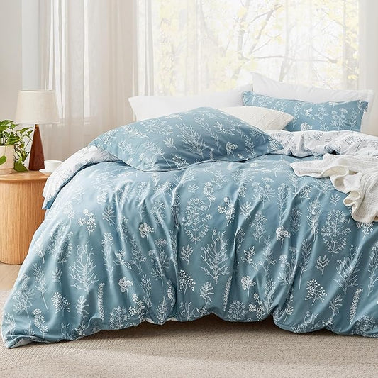 Bedsure California King Comforter Set - Mineral Blue Bed Set, 3 Pieces Cute Floral Bedding, 1 Soft Reversible Botanical Flowers Comforter and 2 Pillow Shams