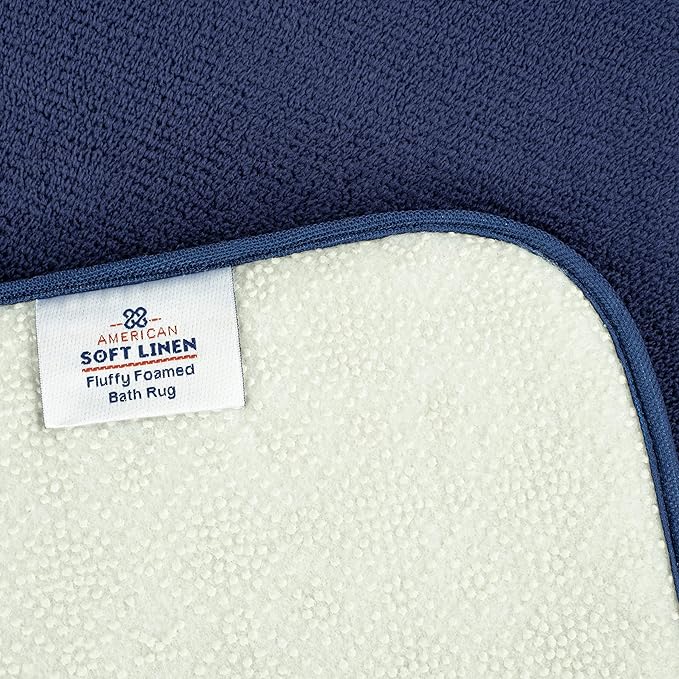 American Soft Linen 21x32 Fluffy Foamed Slip Reducer Bath Rug, Machine Washable Area Bath Mat Rugs for Bathroom, Navy Blue