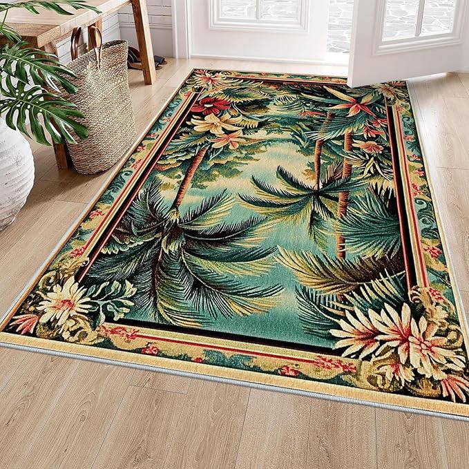8x10 Tropical Rainforest Area Rugs Boho Forest Botanical Rug for Living Room Indoor Soft Non-Slip Thin Large Carpet Green Rugs for Bedroom Home Decor Under Table Washable Machine