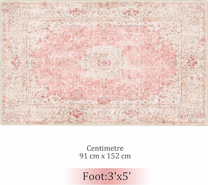 Pink Rug 3x5,Washable Area Rugs for Bedroom Living Room Kitchen Entryway,Small Boho Vintage Bohemian Distressed Non Slip Carpet,Blush