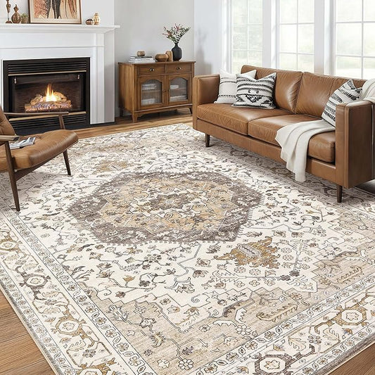 Area Rug for Living Room - 10x14 Soft Washable Oriental Vintage Floral Distressed Large Carpet - Fade Stain Resistant Non Slip Rugs for Bedroom Dining Room Nursery Dorm Office Home Decor-Camel/Beige