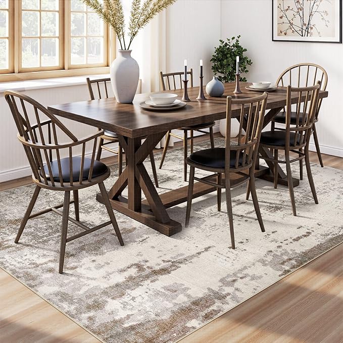 Area Rug Living Room Rugs-Washable Neutral Modern Abstract Soft Thin Large Rug Indoor Floor No Slip Rug Carpet for Bedroom Under Dining Table Home Office Decor-Brown/Grey/Beige-7'x 9'