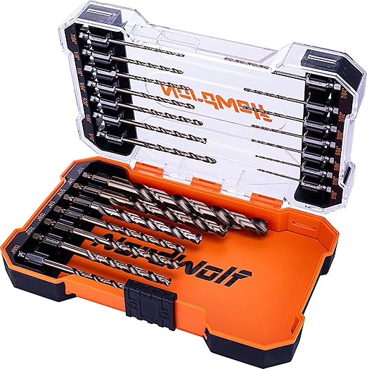 NordWolf 21-Piece M35 Cobalt Drill Bit Set for Stainless Steel, Hard Metals & Cast Iron, Jobber Length with 1/4" Hex Shank, SAE Sizes 1/16" to 1/2" in Storage Case