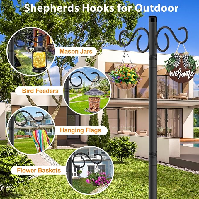 Adjustable Shepherd Hooks for Outdoor,1 Pack 90 Inch 5 Prong Base Bird Two Sided Feeder Poles,Heavy Duty Shepherds Hook,Suitable for Garden in Hanging Flower Basket,Lantern,Bird Nests(1 Pack 90 inch)