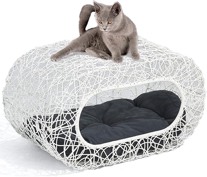 Fun Stackable White Cat Condo Clearance for Indoor Cats - Interactive Play Rattan Modern Cat House for Indoor Cats Kitty, Pet Friendly Top/Side House Entry, Cat Bed Enclosed