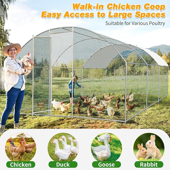 VINGLI Chicken Coop, Large Metal Poultry Cage for Chicken Run, Walk-in Chicken Pen with Waterproof & Anti-UV Cover Outdoor (Silver-Dome Roof, 19.7 * 9.8 * 6.5 ft)