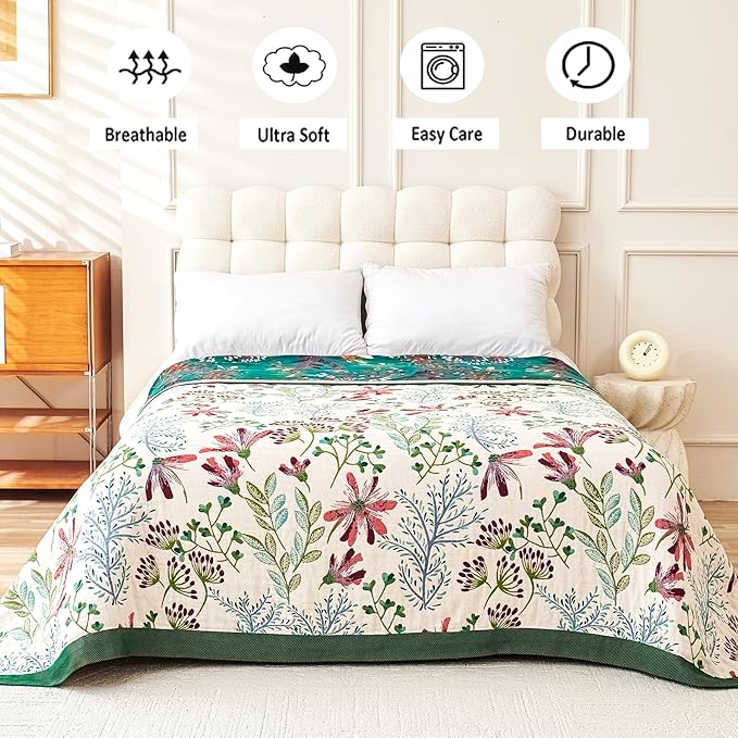 Boho Throw Blanket, 100% Organic Cotton Breathable Ultra Soft 80" x 90" Bed Quilt Throw - All Season Floral Rustic Farmhouse Decor Luxury Reversible Blanket for Sofa Couch Chair and Gift