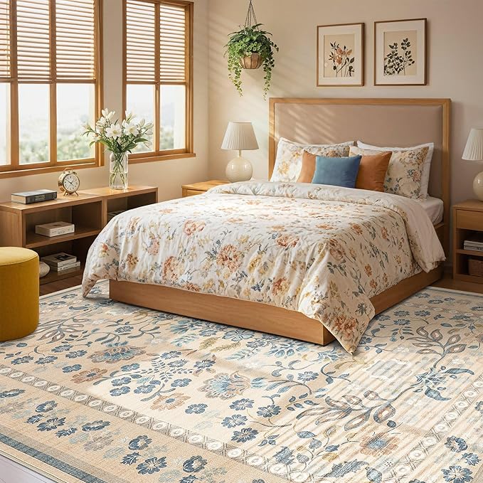 5x8 Area Rug Living Room Rugs - Washable Boho Vintage Floral Large Soft Non Slip Thin Rug Low Pile Carpet for Bedroom Dining Room Kids Playroom Office Decor Indoor- Multi Color