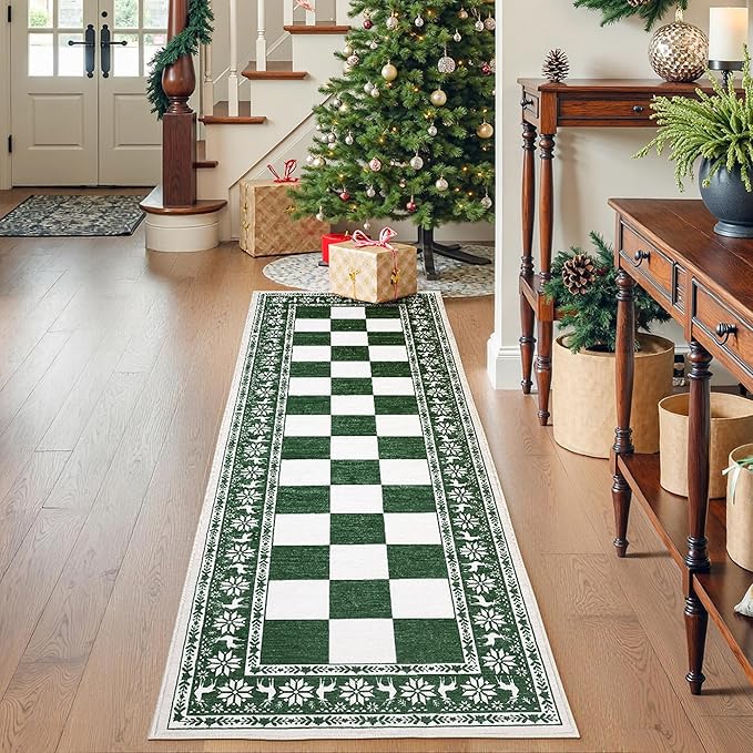 GarveeHome Green 2x6 Runner Rug, Washable Rug for Christmas Decor, Indoor Non Slip Carpet, Checkered Soft Low Pile Christmas Rugs for Kitchen, Entryway, Living Room, Bedroom