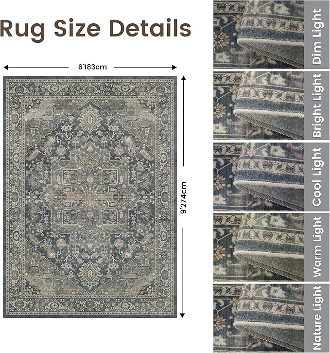 Rugland 6x9 Area Rugs - Stain Resistant Washable Rug, Anti Slip Rugs for Living Room, Vintage Tribal Area Rugs(Medallion 01-Deep/Grey, 6'x9')