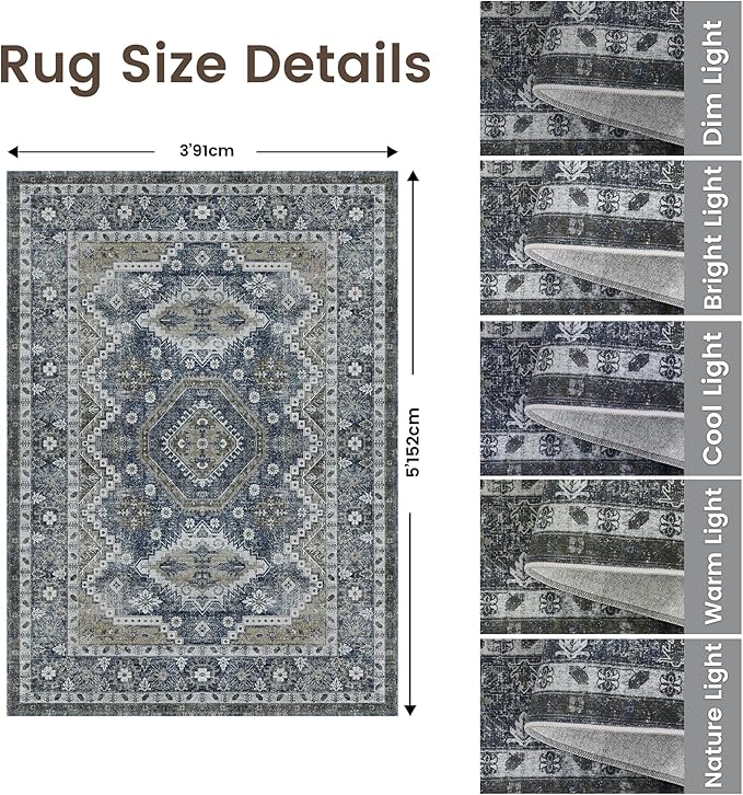 Rugland 3x5 Rug - Stain Resistant Washable Rug, Anti Slip Backing Rugs for Living Room, Vintage Tribal Area Rugs (TPR07-Navy, 3'x5')