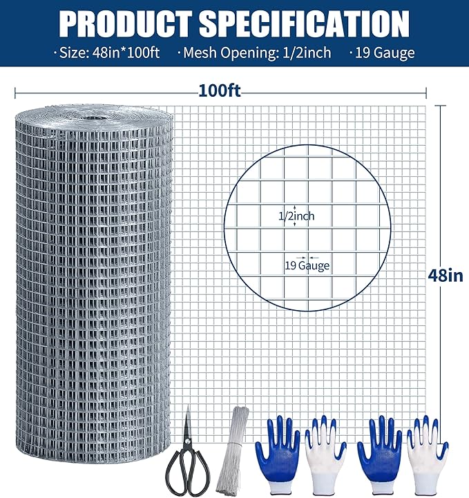 Hardware Cloth 1/2 Inch 48 in x 100 ft 19 Gauge, Hot Dip Galvanized Wire Mesh Rolls Welded Chicken Wire Fencing for Chicken Coop Barrier, Poultry Netting Cage Wire Fence(1/2 inch 48''× 100')