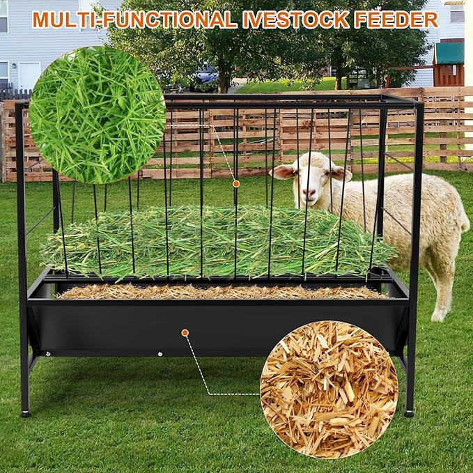 Pasture Hay Feeder 50 Gallon, Heavy Duty 2-in-1 Livestock Feeder, Hay Grain Feeding with 30 Gallon Feed Pan, Black Powder Coated Surface Steel Livestock Feeder for Sheep, Calf, Cow and Horse