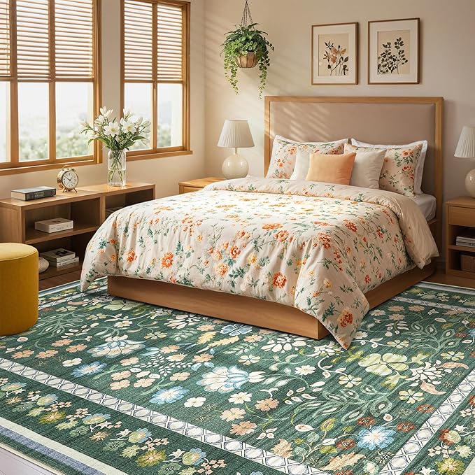 10x12 Area Rug Living Room Rugs - Washable Boho Vintage Floral Large Soft Non Slip Thin Rug Low Pile Carpet for Bedroom Dining Room Kids Playroom Office Decor Indoor- Green