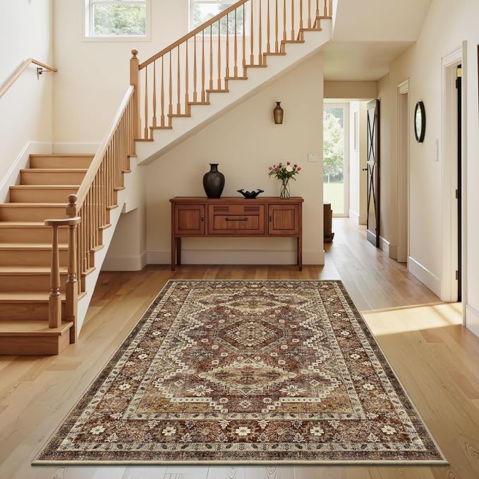 Rugland 3x5 Rug - Stain Resistant Washable Rug, Anti Slip Backing Rugs for Living Room, Vintage Tribal Area Rugs (TPR07-Rust, 3'x5')