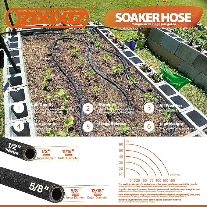 15FT Heavy-Duty 1/2 Inch Soaker Hose with 3/4 Inch Solid Brass Connector - Leakproof Garden Watering System for Gardens, Lawns, Flower & Vegetable Beds