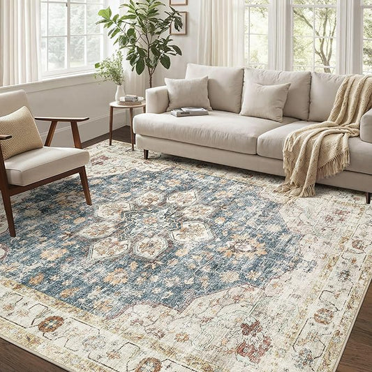 Area Rug for Living Room - 10x12 Soft Washable Oriental Vintage Floral Distressed Large Carpet - Fade Stain Resistant Non Slip Rugs for Bedroom Dining Room Nursery Dorm Office Home Decor - Blue Golden
