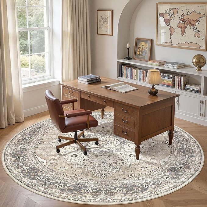 Washable 8 Ft Round Area Rug - Vintage Floral Stain & Fade Resistant Non-Slip Backing Carpet for Living Room, Bedroom, Dining Room, Home Office Floor Decor Large Carpets (Camel/Beige)