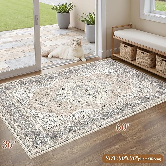 3x5 Washable Entryway Rug: Non-Slip Soft Indoor Throw Area Rug for Living Room Bedroom Kitchen, Boho Floral Distressed Durable Carpet for Hallway Bathroom Laundry Home Decor (Camel/Beige)