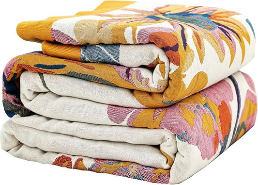 Boho Large Throw Blanket for Bed Couch, 100% Organic Cotton Soft Queen Throw-Floral Butterfly Decor Fall Blanket for Sofa Quilt and Gift, 80" x 90"-Beige