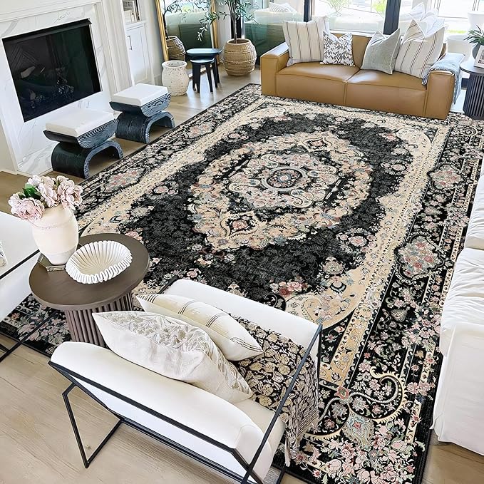 9x12 Area Rugs Washable,Black Rug for Living Room Bedroom Dining Room,Large Boho Vintage Bohemian Distressed Carpet Non Slip,Floral
