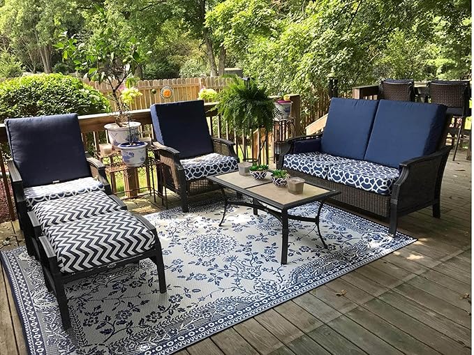 Mad Mats Traditional Outdoor Rug, Reversible Plastic Mat (6' x 9', Oriental Garland - Blue/White)