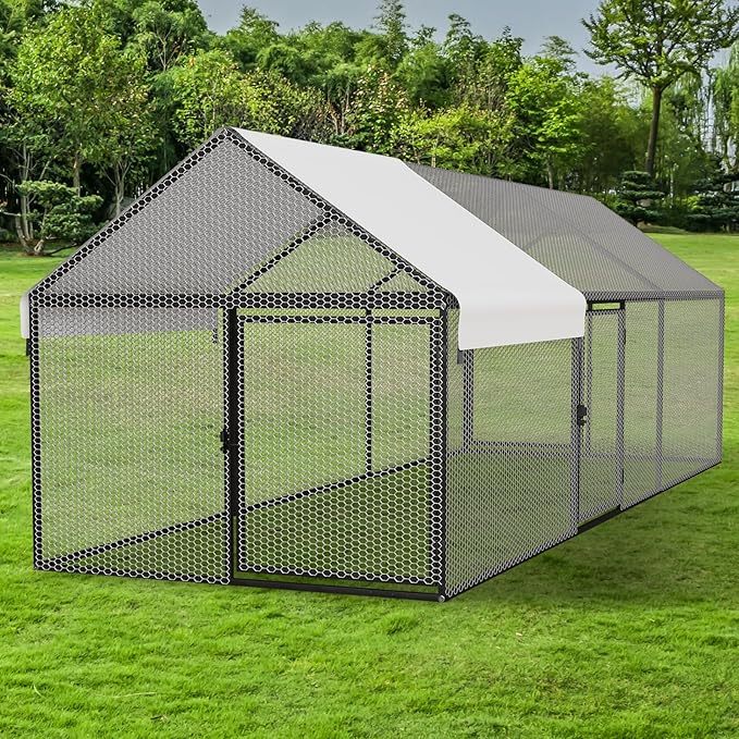 Metal Chicken Coop with Waterproof Cover, 118"x40"x40" Portable Poultry Cage, Outdoor Backyard Farm Walk-in Hen House for Chickens, Ducks, Rabbits and Small Pets