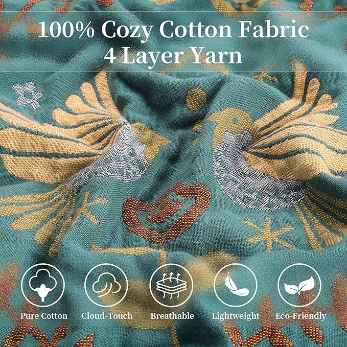 MACEVIA 100% Cotton Boho Throw Blanket, Soft Lightweight Green Bird Floral Design, 80"x90" Queen Size Bedspread for Couch Sofa, Bed, Travel, Cottagecore Decor, with Fringe Tassels (Bird Floral)