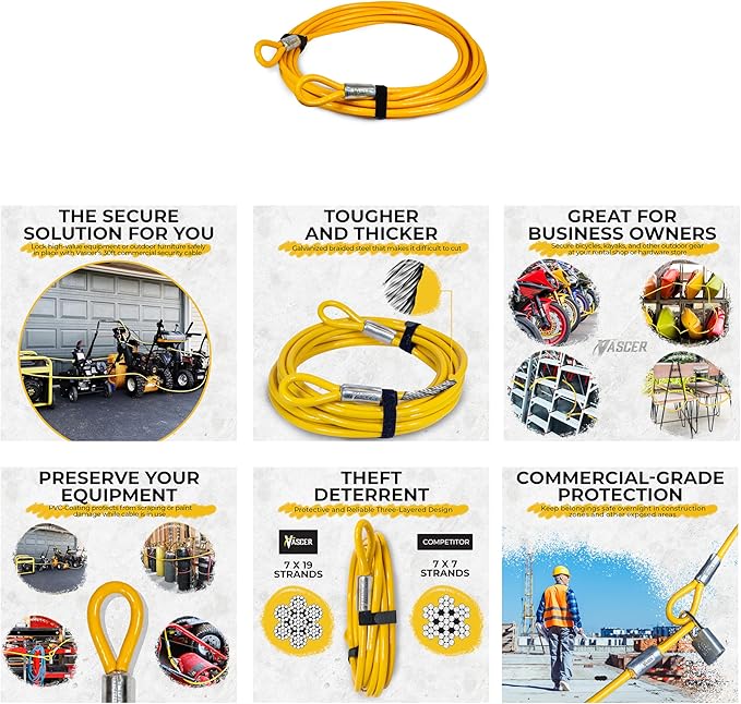 Commercial Heavy Duty Braided Galvanized Steel Anti-Theft Security Cable with Looped Ends. (1/2 Inch Thick, 7x19 Construction, 10 Feet)