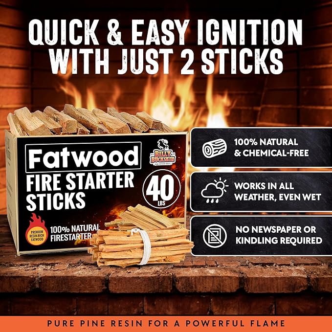 40lb Fatwood Fire Starter Sticks | 100% Natural Fire Starters for Grill, Campfire, Wood Stoves, Bonfires | Easy Firestarter w/Just 2 Sticks in All Weather Conditions by Billy Buckskin (40lb Box)