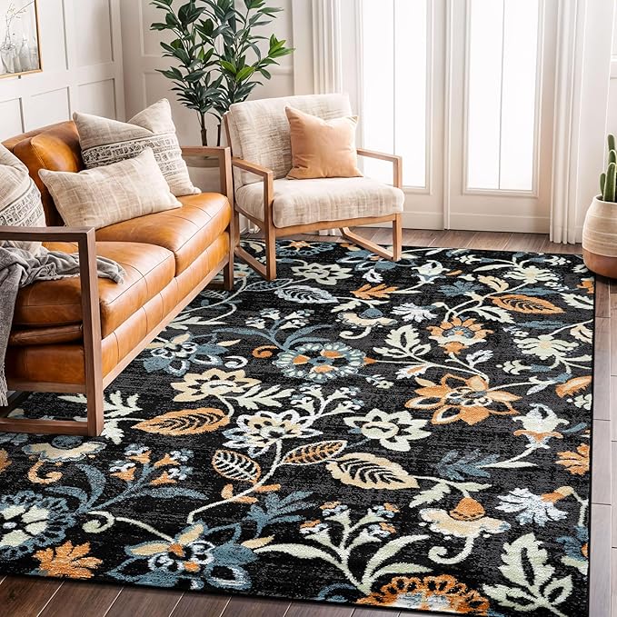 Rugshop Vine Floral Area Rug Modern for Living Room, Bedroom, or Entryway Black Multi 5' x 7' Black