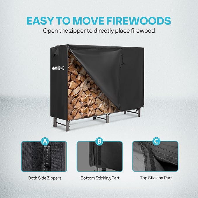 VIVOHOME 5ft Heavy Duty Indoor Outdoor Firewood Storage Log Rack with Cover Combo Set Black