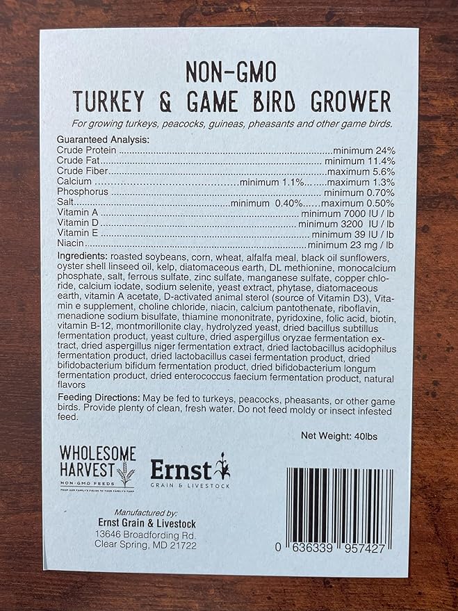 Non-GMO 40 lb Turkey Feed - Natural Peacock, Game Bird & Bird Feed, 24% High Protein Complete Food with Essential Oils, Herbs, Vitamins & Probiotics Formula for Healthy Flock Growth