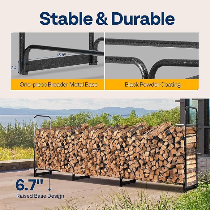 VIVOHOME 12 ft Heavy Duty Firewood Rack Outdoor with Cover, Fire Wood Storage Rack, Log Holder and Cover Combo Set with Zipper, Black