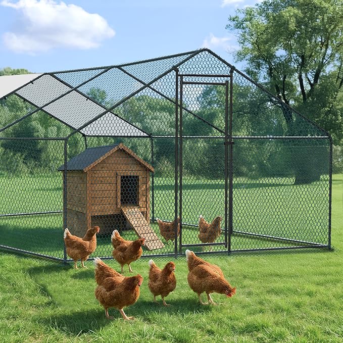 VINGLI Chicken Coop, Large Metal Poultry Cage for Chicken Run, Walk-in Chicken Pen with Waterproof & Anti-UV Cover Outdoor (Black-Spire Roof, 19.7 * 9.8 * 6.5 ft)