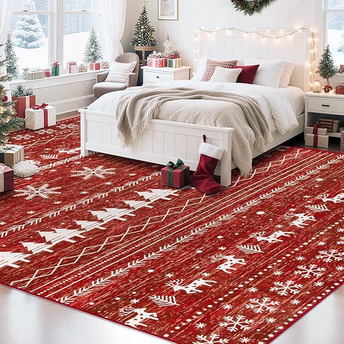Christmas Living Room Rugs 8x10: Washable Moroccan Geometric Boho Rug Non Slip Stain Resistant Large Rugs Low Pile Soft Carpet for Xmas Holiday Decor Bedroom Dining Room Playroom (Xmas Red,8'x10')