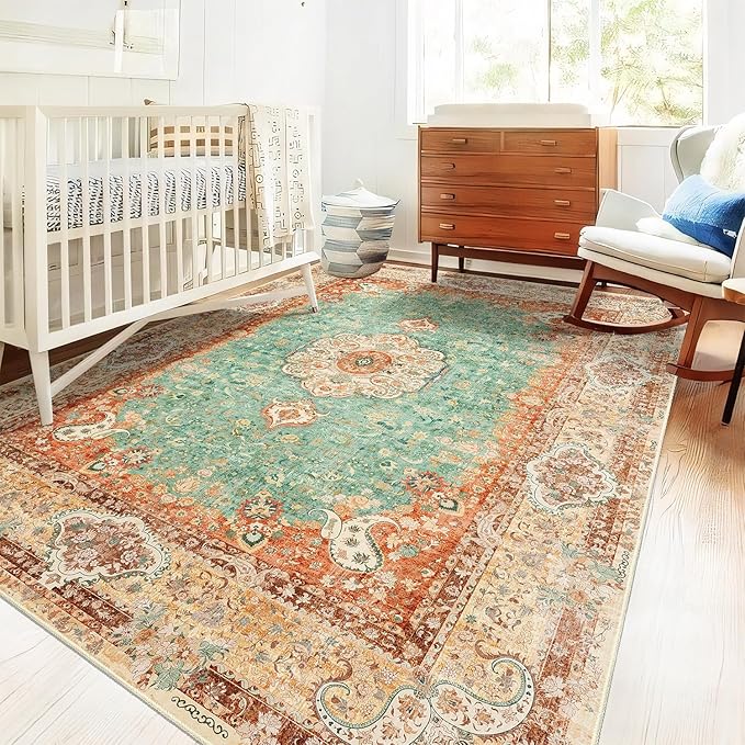 5x7 Area Rugs Washable,Boho Rug for Living Room Bedroom Kitchen,Large Vintage Bohemian Distressed Farmhouse Carpet Non Slip,Retro Orange Green Floral